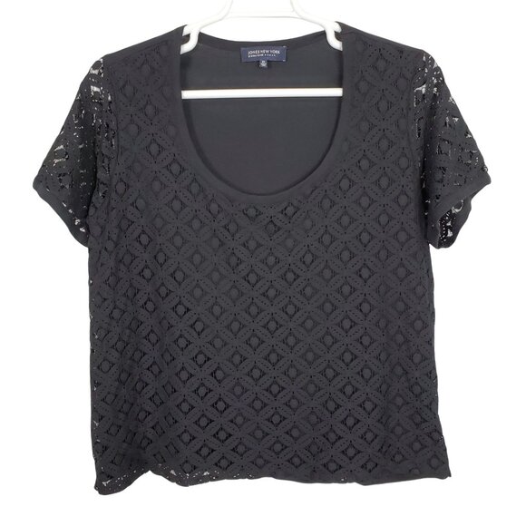 JNY Signature Size 3X Shirt Tee Floral Lace Front Overlay Scoop Neck Stretch - Picture 2 of 6
